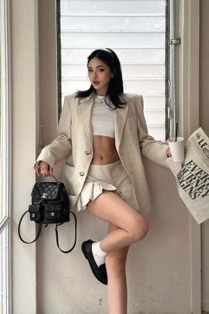 ROVENTE Linen-Blend Blazer & Pleated Mini Skirt Set