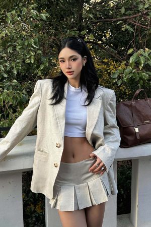 ROVENTE Linen-Blend Blazer & Pleated Mini Skirt Set