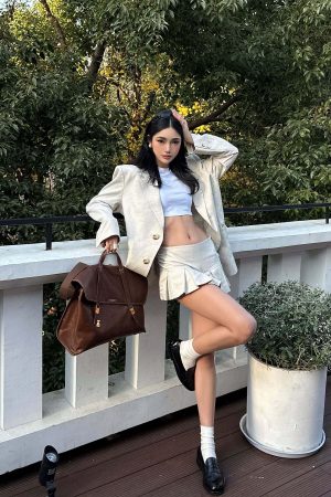 ROVENTE Linen-Blend Blazer & Pleated Mini Skirt Set