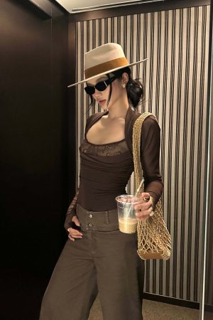 ROVENTE Mesh Lace Two Piece Top Long Sleeve Cami Set