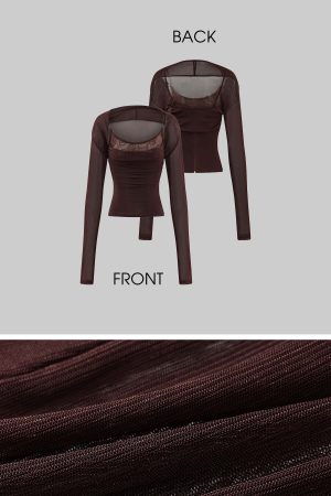 ROVENTE Mesh Lace Two Piece Top Long Sleeve Cami Set