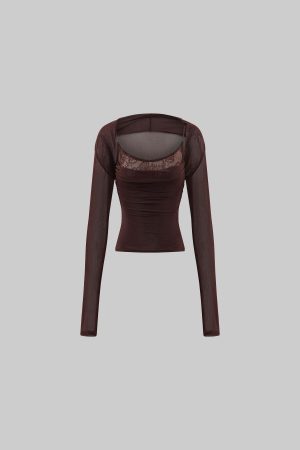 ROVENTE Mesh Lace Two Piece Top Long Sleeve Cami Set