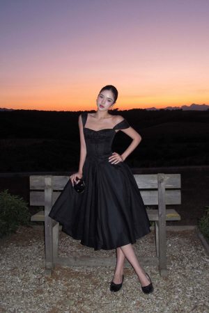 ROVENTE Off-Shoulder Satin Corset Midi Dress with Flared Skirt