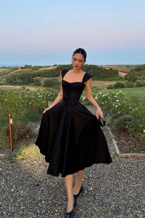 ROVENTE Off-Shoulder Satin Corset Midi Dress with Flared Skirt