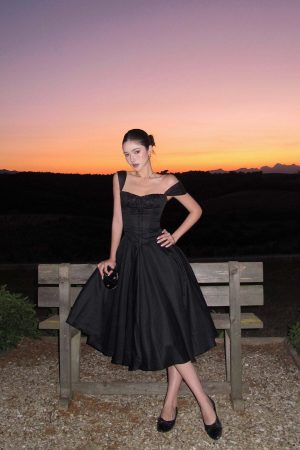 ROVENTE Off-Shoulder Satin Corset Midi Dress with Flared Skirt