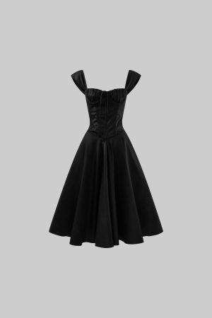 ROVENTE Off-Shoulder Satin Corset Midi Dress with Flared Skirt