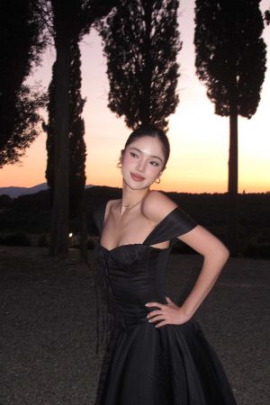 ROVENTE Off-Shoulder Satin Corset Midi Dress with Flared Skirt