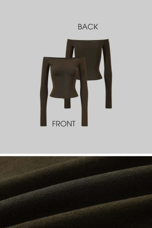 ROVENTE Off-Shoulder Slim-Fit Long Sleeve Top with Front Hem Slit