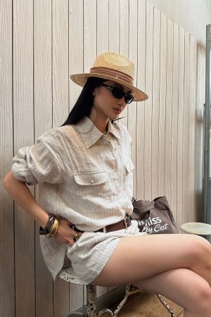 ROVENTE Pinstripe Linen Shirt and Shorts Set with Relaxed Fit and Tailored Detailing