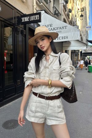 ROVENTE Pinstripe Linen Shirt and Shorts Set with Relaxed Fit and Tailored Detailing