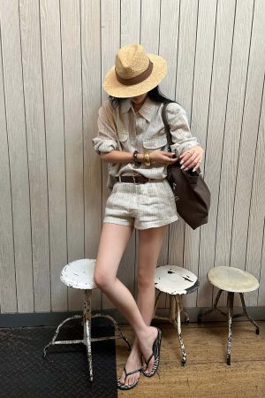 ROVENTE Pinstripe Linen Shirt and Shorts Set with Relaxed Fit and Tailored Detailing