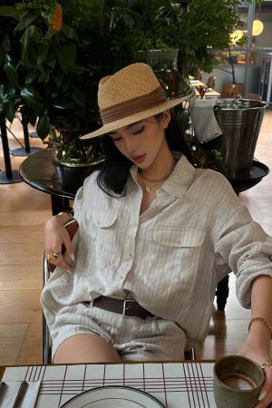 ROVENTE Pinstripe Linen Shirt and Shorts Set with Relaxed Fit and Tailored Detailing