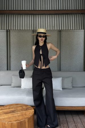 ROVENTE Pinstripe Tailored Wide-Leg Pants