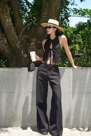 ROVENTE Pinstripe Tailored Wide-Leg Pants