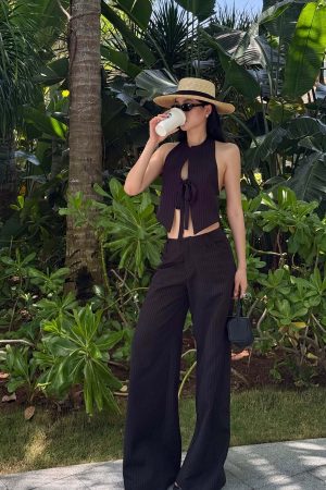 ROVENTE Pinstripe Tailored Wide-Leg Pants