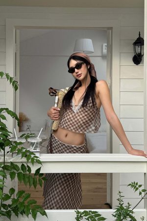 ROVENTE Plaid Sheer Cami Top and Flowy Midi Skirt Matching Set