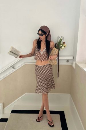 ROVENTE Plaid Sheer Cami Top and Flowy Midi Skirt Matching Set