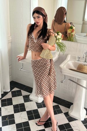 ROVENTE Plaid Sheer Cami Top and Flowy Midi Skirt Matching Set