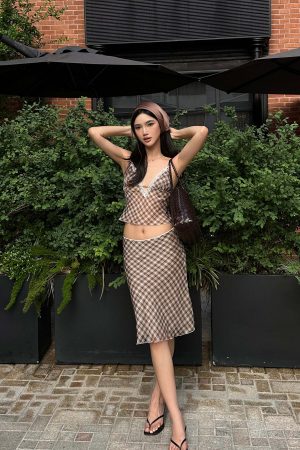 ROVENTE Plaid Sheer Cami Top and Flowy Midi Skirt Matching Set