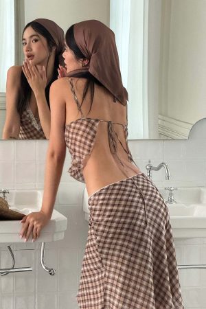 ROVENTE Plaid Sheer Cami Top and Flowy Midi Skirt Matching Set