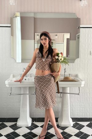 ROVENTE Plaid Sheer Cami Top and Flowy Midi Skirt Matching Set