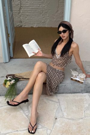 ROVENTE Plaid Sheer Cami Top and Flowy Midi Skirt Matching Set