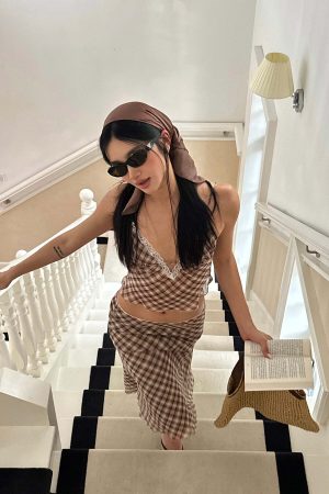 ROVENTE Plaid Sheer Cami Top and Flowy Midi Skirt Matching Set