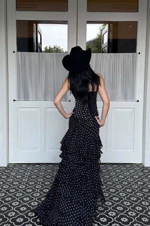 ROVENTE Polka Dot Corset Cami and Asymmetric Ruffle Skirt Set