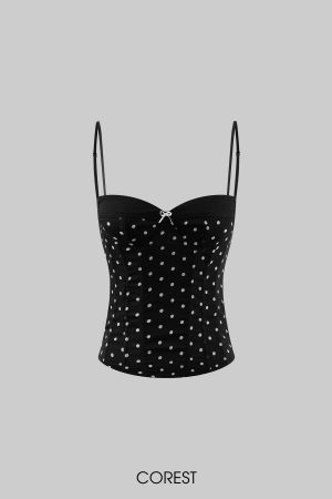 ROVENTE Polka Dot Corset Cami and Asymmetric Ruffle Skirt Set