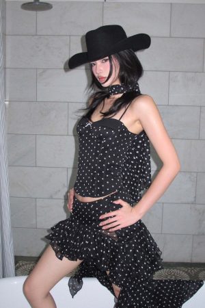 ROVENTE Polka Dot Corset Cami and Asymmetric Ruffle Skirt Set