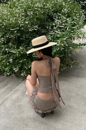 ROVENTE Rosette Trim Mini Skirt Set with Halter Corset Top