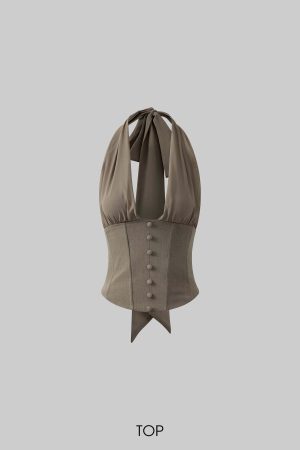 ROVENTE Rosette Trim Mini Skirt Set with Halter Corset Top