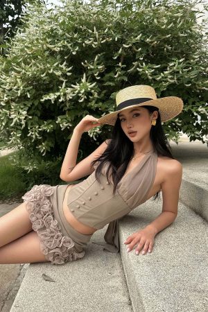 ROVENTE Rosette Trim Mini Skirt Set with Halter Corset Top