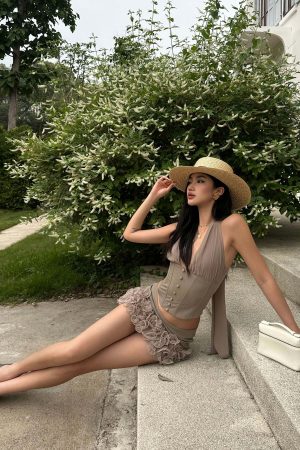 ROVENTE Rosette Trim Mini Skirt Set with Halter Corset Top