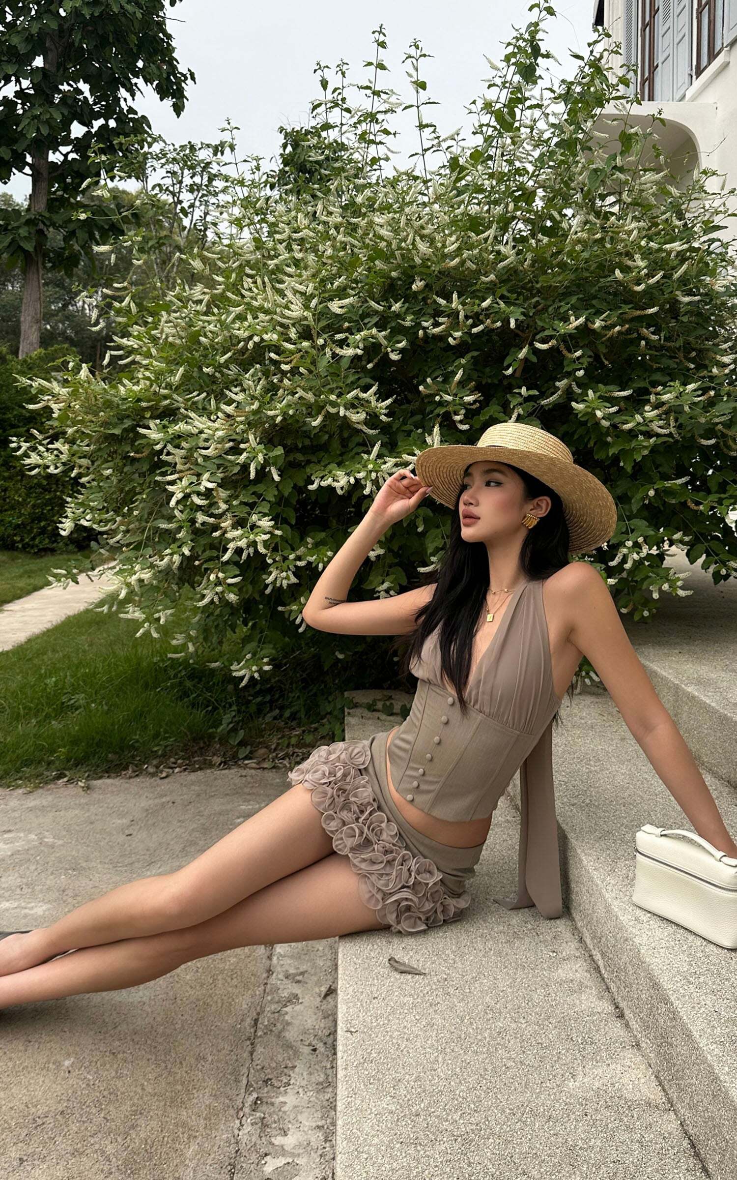 ROVENTE Rosette Trim Mini Skirt Set with Halter Corset Top ROVENTE Rosette Trim Mini Skirt Set with Halter Corset Top