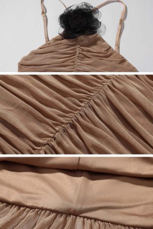 ROVENTE Ruched Mesh Maxi Dress with Detachable Floral Brooch and Flowing Hem