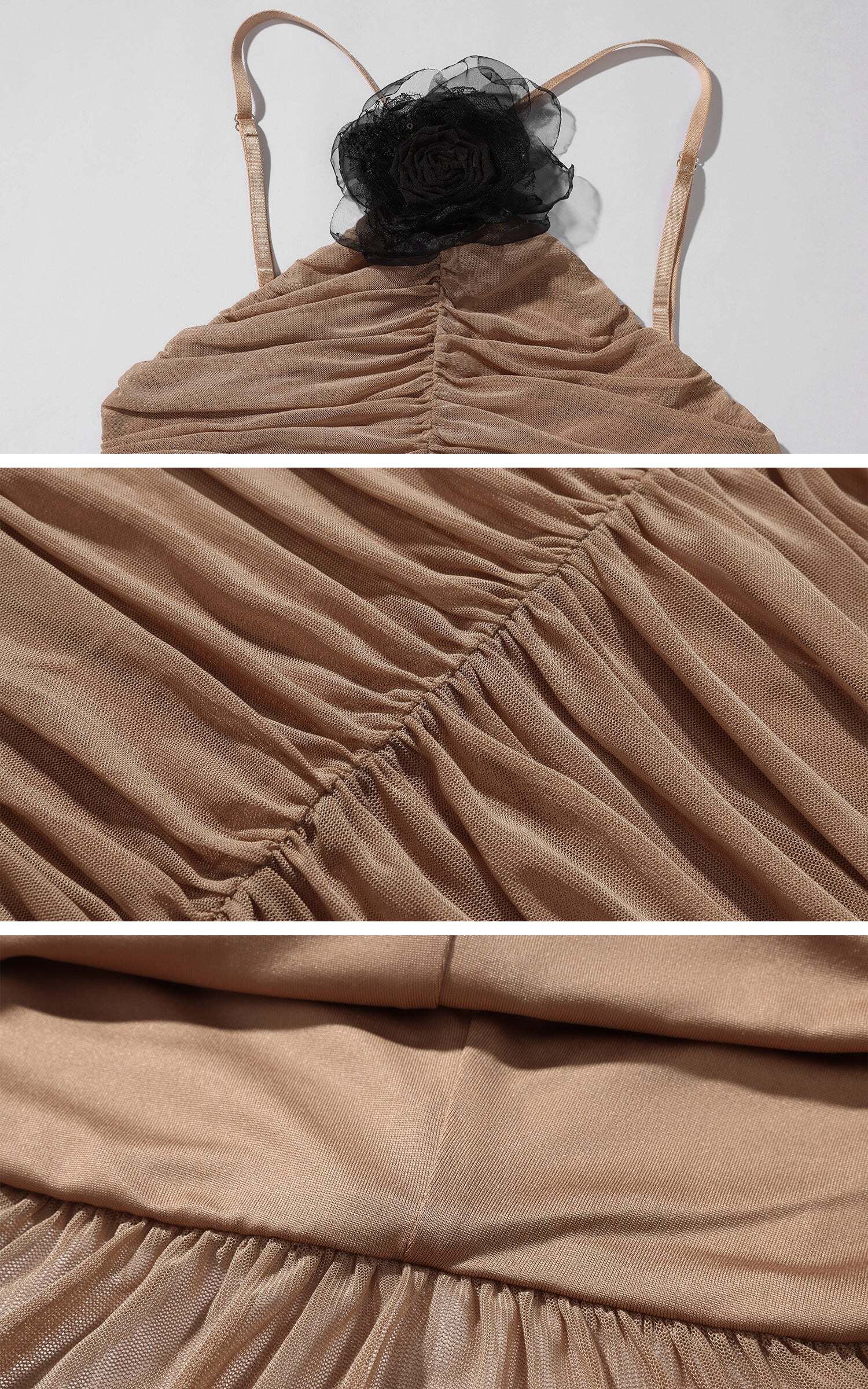 ROVENTE Ruched Mesh Maxi Dress with Detachable Floral Brooch and Flowing Hem ROVENTE Ruched Mesh Maxi Dress with Detachable Floral Brooch and Flowing Hem