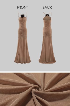 ROVENTE Ruched Mesh Maxi Dress with Detachable Floral Brooch and Flowing Hem