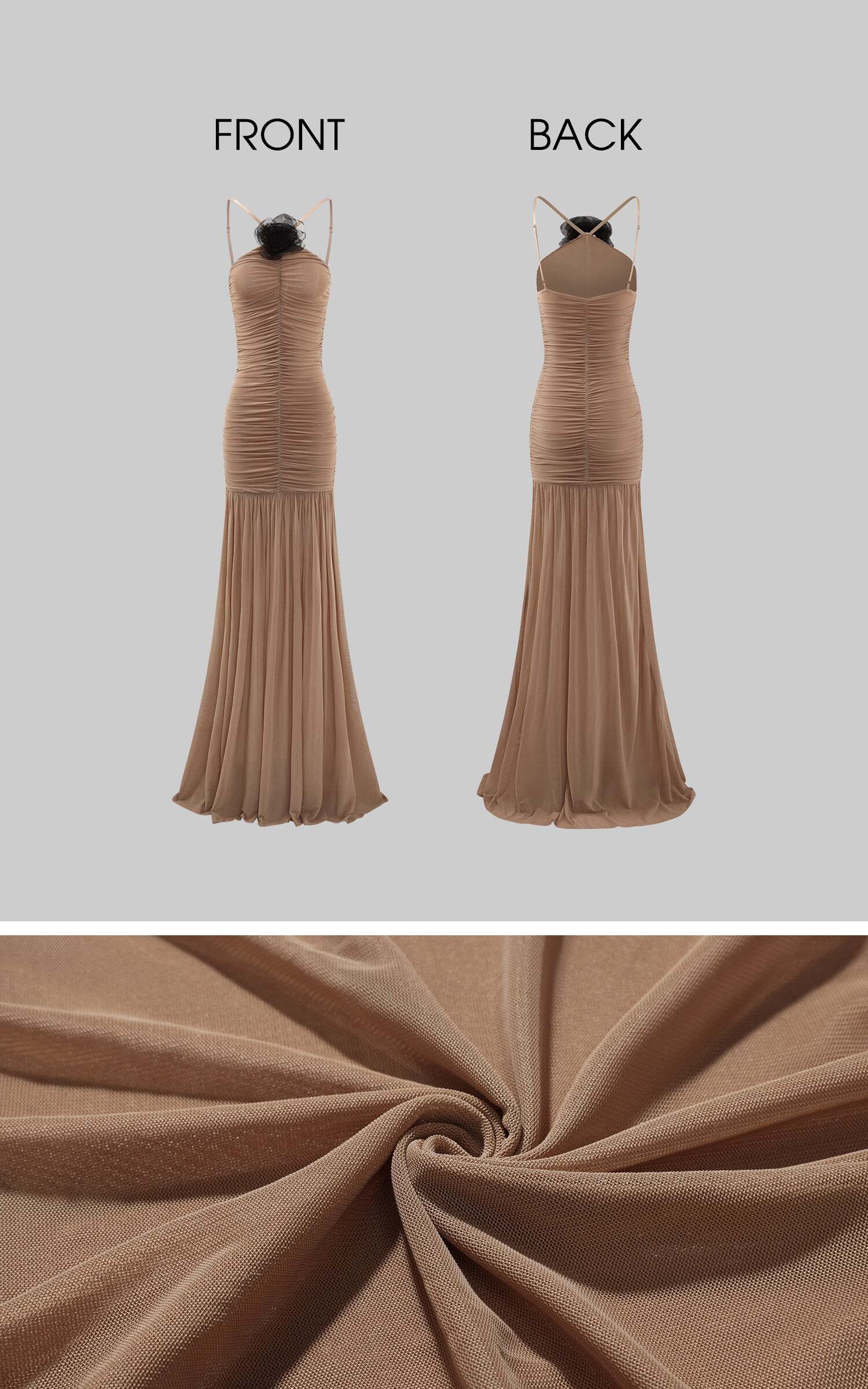 ROVENTE Ruched Mesh Maxi Dress with Detachable Floral Brooch and Flowing Hem ROVENTE Ruched Mesh Maxi Dress with Detachable Floral Brooch and Flowing Hem