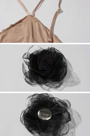 ROVENTE Ruched Mesh Maxi Dress with Detachable Floral Brooch and Flowing Hem