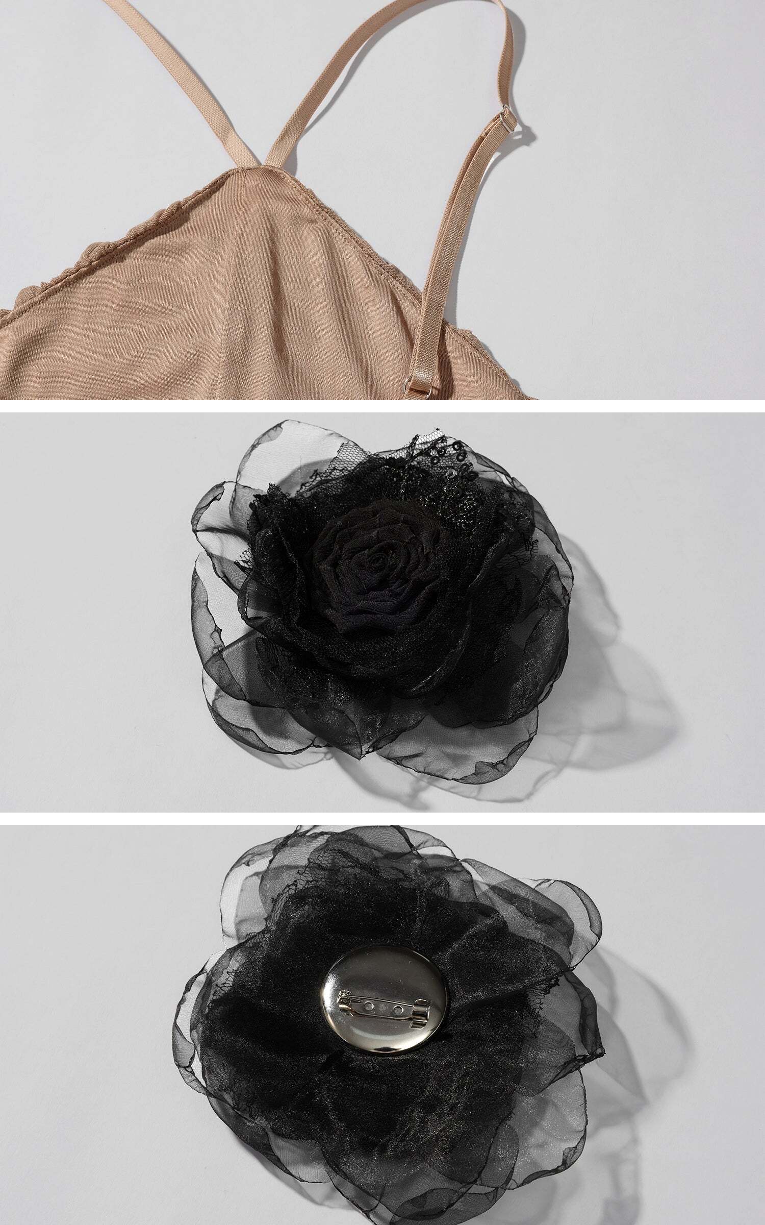 ROVENTE Ruched Mesh Maxi Dress with Detachable Floral Brooch and Flowing Hem ROVENTE Ruched Mesh Maxi Dress with Detachable Floral Brooch and Flowing Hem