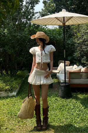 ROVENTE Ruched Tie-Front Top & Frill Mini Skirt Set