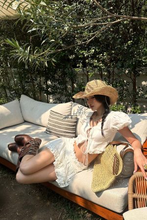 ROVENTE Ruched Tie-Front Top & Frill Mini Skirt Set