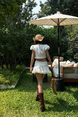 ROVENTE Ruched Tie-Front Top & Frill Mini Skirt Set