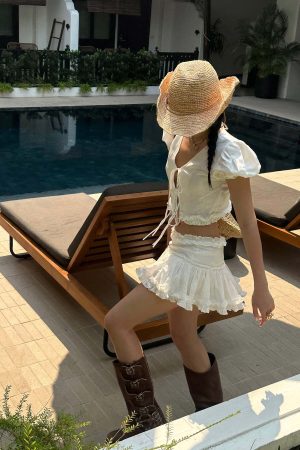 ROVENTE Ruched Tie-Front Top & Frill Mini Skirt Set