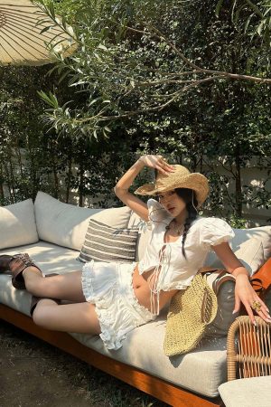 ROVENTE Ruched Tie-Front Top & Frill Mini Skirt Set