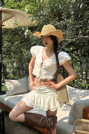 ROVENTE Ruched Tie-Front Top & Frill Mini Skirt Set