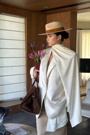 ROVENTE Satin Blazer Suit with Scarf Two Button Modern Jacket Set