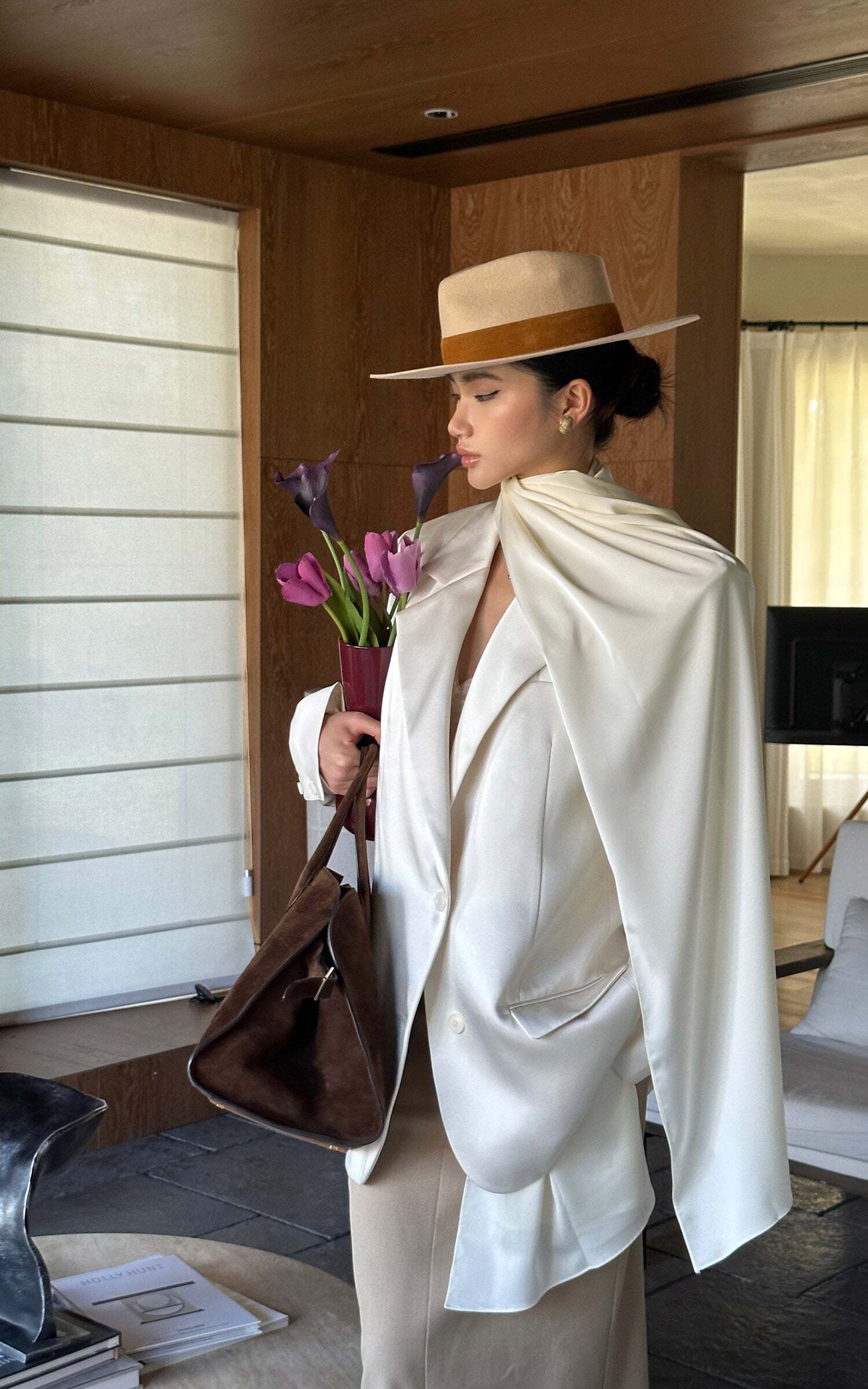 ROVENTE Satin Blazer Suit with Scarf Two Button Modern Jacket Set ROVENTE Satin Blazer Suit with Scarf Two Button Modern Jacket Set