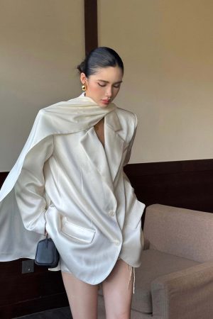 ROVENTE Satin Blazer Suit with Scarf Two Button Modern Jacket Set